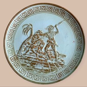 Greek Warrior Handpainted Greece Terra Cotta Pottery Plate Decor Vintage 1960’s